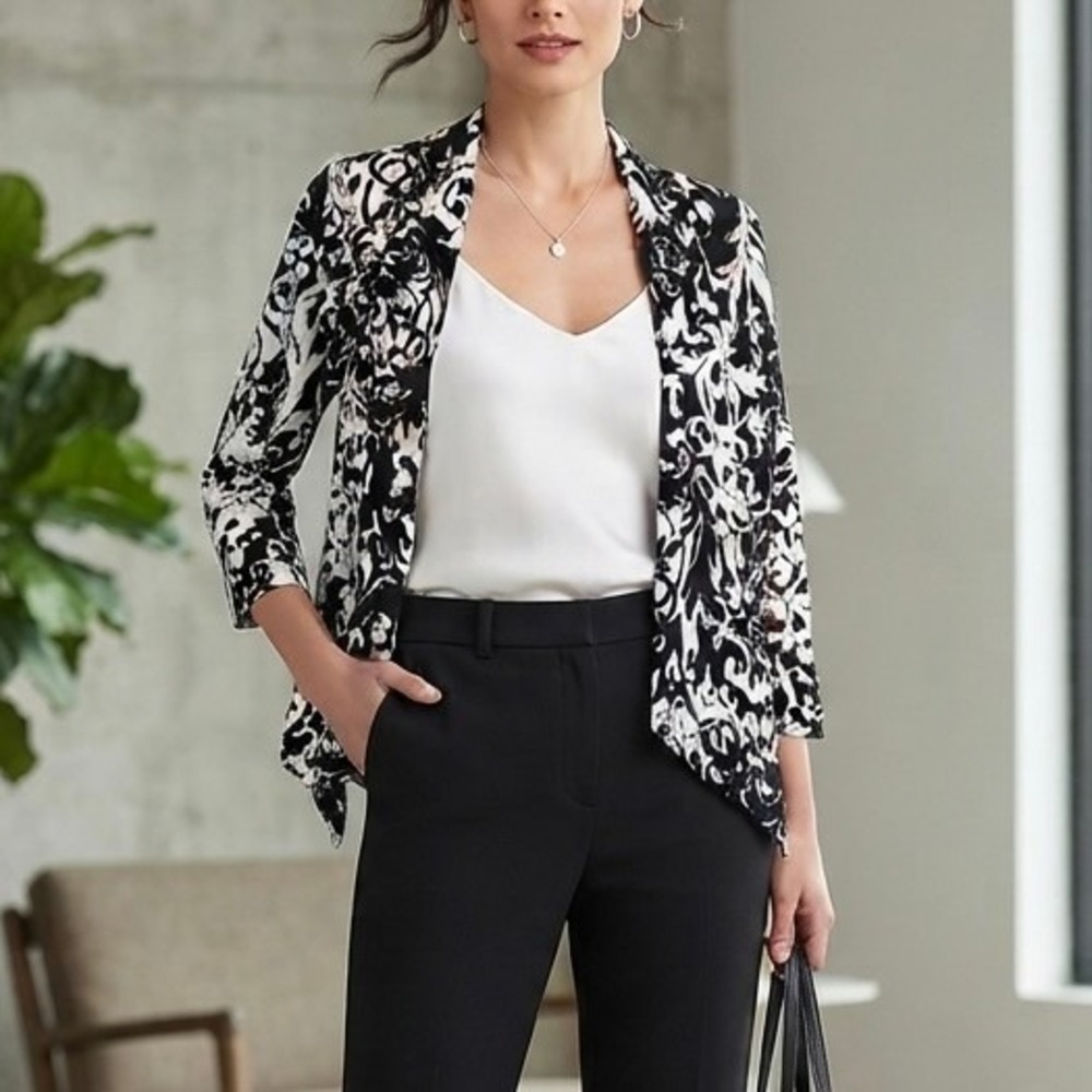 VTG 90s‎ Alberto Makali Waterfall Open Front Jacket Black White Abstract Print